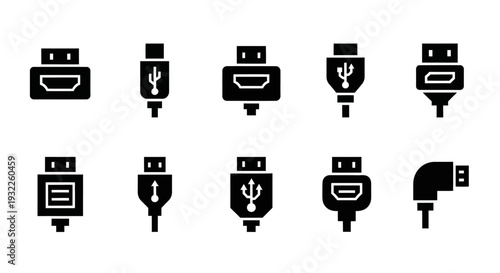 Collection of various USB icons and symbols displayed on a clean white background from a straightforward viewpoint