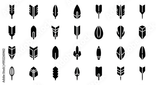 Collection of various black leaf silhouettes arranged in a grid pattern on a clean background viewed from directly above