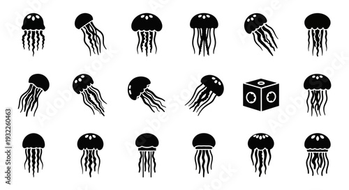 Collection of black jellyfish illustrations with a dice in a grid layout