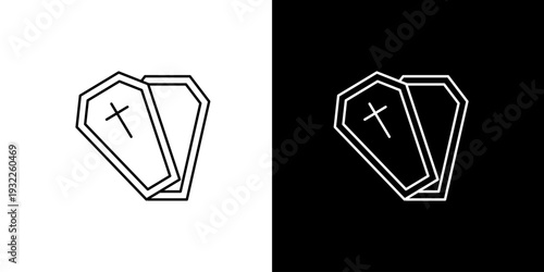 Outline icon illustration of two coffins, a symbol of death and funerals, against a black and white background