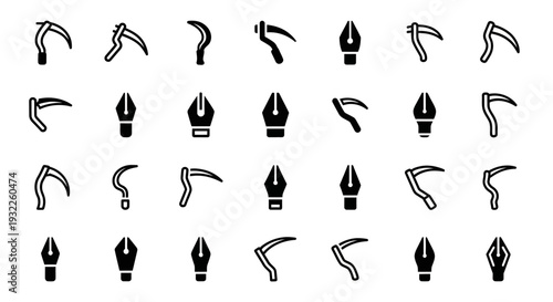 Collection of various abstract black hand gestures and symbols on a white background viewed from directly above