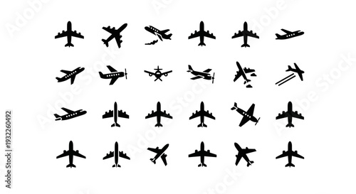Collection of diverse aircraft silhouettes in various flight configurations and orientations