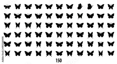A grid of 50 black butterfly silhouettes arranged neatly on a plain background from a direct viewpoint