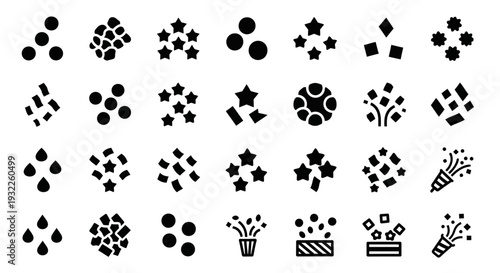 Collection of various black icons representing celebration and festivity in a grid layout on a white background viewed from directly above
