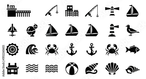 Collection of nautical icons depicting various sea elements and activities from a straightforward viewpoint