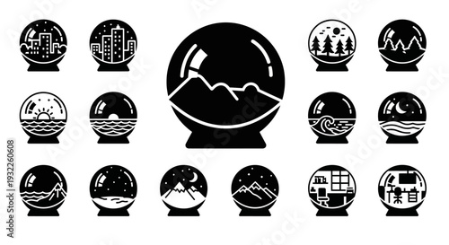 Collection of crystal ball icons featuring diverse landscape scenes and abstract designs displayed together