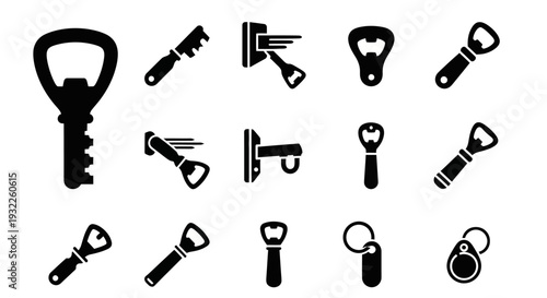 Collection of bottle opener icons in various designs and styles on a clean background