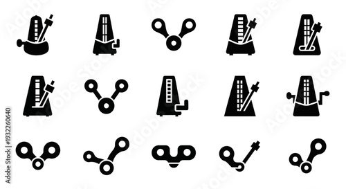 A set of black icons representing various industrial and mechanical elements in a grid pattern
