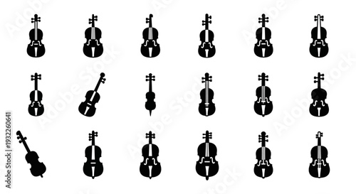 Collection of violin silhouettes arranged in a grid pattern on a plain white background from a straightforward viewpoint