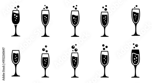 Collection of champagne flutes with bubbly drinks in various states of being filled and toasted from a straightforward view