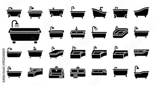 Collection of various bathtub illustrations showcasing different styles and designs from a front viewpoint