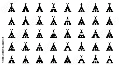 Collection of thirty teepees arranged in a grid pattern on a plain background viewed from directly above