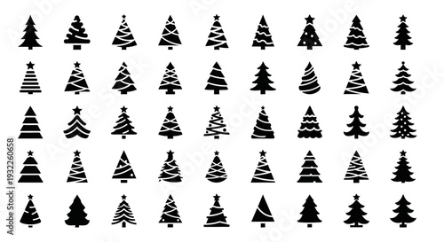 Collection of various black and white Christmas trees with different patterns and designs on a plain white background