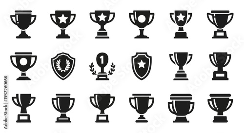 Various black trophy icons and award symbols displayed on a clean white background from a straightforward viewpoint