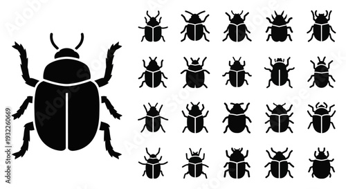 Collection of beetle silhouettes in various poses and orientations, graphic illustrations, entomology, insect study, wildlife