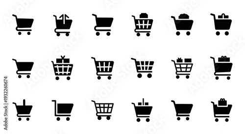 Collection of shopping carts with various items displayed in a grid illustration