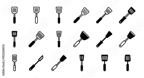 Collection of various kitchen utensils displayed in a grid pattern on a white background from a top-down viewpoint