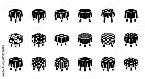 Collection of various tablecloth designs displayed in a grid pattern on a clean white background from a direct viewpoint