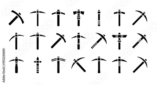 Collection of Various Tools and Axes Illustrated in Black Silhouettes