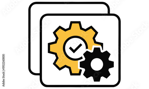 Simple graphic icon representing settings and configuration with checkmark symbolizing validation and approval in a clean minimalist design for user interface elements.