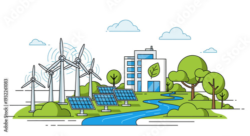 Vector illustration of eco-friendly cityscape with renewable energy sources