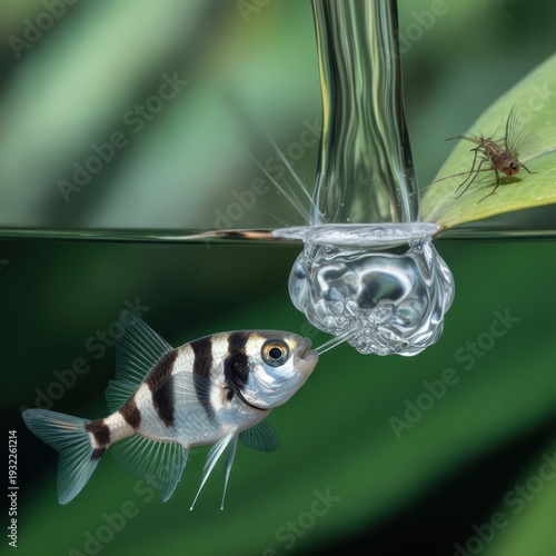 Archer fish shooting water at insect on leaf underwater wildlife behavior macro nature photography with green aquatic background