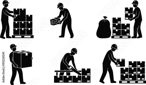 Black vector silhouette set of warehouse workers in hard hats carrying cardboard boxes, loading pallets and using hand saws isolated on white background