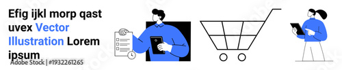 Online shopping, digital purchases, retail apps, business communication, checkout processes, customer interaction. Multiple elements including shopping cart, digital tablet and a customer. Online