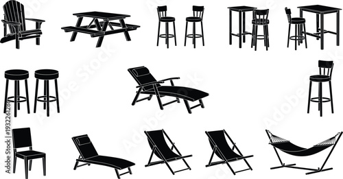 Collection of black silhouette outdoor furniture including chairs, picnic table, bar stools, lounge chairs and hammock isolated on white background vector style illustration set