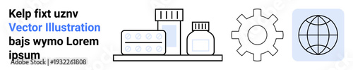 Medicine supply, global healthcare, pharmaceutical industry, connectivity, technology, logistics. Medical supplies with gear and globe icons. Medicine supply and global healthcare