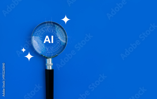 Artificial intelligence monitoring concept with magnifying glass with sparkle stars and circuit on blue background. AI analysis, automation technology, data monitoring, AI-powered search tools.