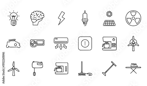 Thin Line Energy and Home Appliance Icon Set – Power Solar Nuclear and Household Vector Collection