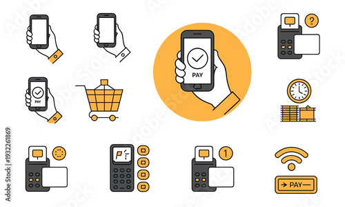 Mobile payment icons showcasing various digital payment methods and transactions in a simple visual collection for financial technology applications and e-commerce platforms.