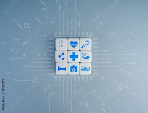 AI healthcare and medical technology concept with digital icons on microchip background. Artificial intelligence in diagnostics, telemedicine, smart hospital systems and digital health innovation.