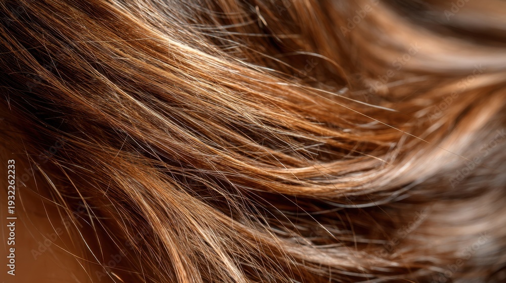 Fototapeta premium Close-Up of Shiny, Healthy Brown Hair Strands with Natural Highlights and Textured Flowing Waves for Beauty or Haircare Themes