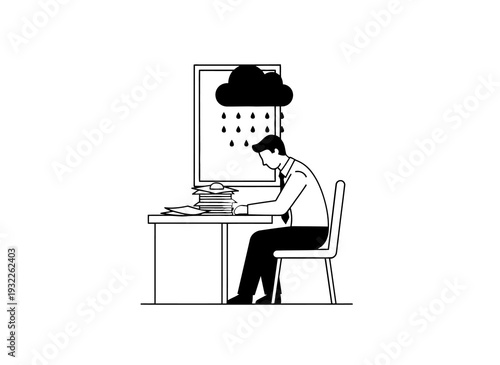 Businessman Sitting at Desk Under Storm Cloud Symbolizing Stress and Overwork