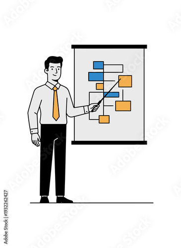 Businessman Presenting Flowchart on Whiteboard with Pointer Stick in Office Meeting