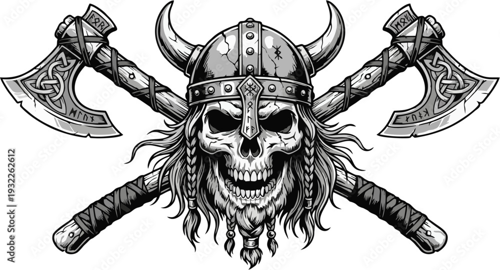 Εκτύπωση καμβά Viking Skull Wearing Horned Helmet with Crossed Battle Axes, Black and White Vec