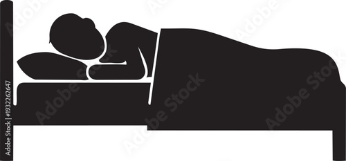 Simple black and white silhouette icon of a person sleeping peacefully in a bed covered by a blanket on a pillow