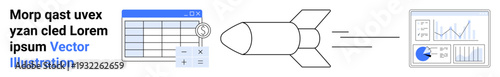 Table with financial data beside a rocket launching toward an analytics dashboard with charts. Ideal for finance, innovation, business growth, strategy, marketing, startups, simple landing page