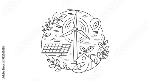 Vector illustration of eco-friendly energy concept with wind turbine, solar panel and leaves
