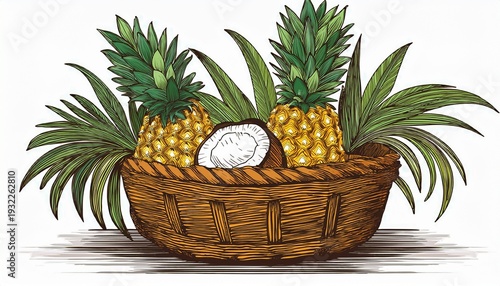rustic basket holding pineapples coconuts and herbs