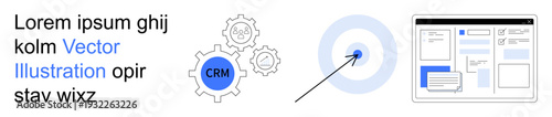Business strategy, customer relationship management, software tools, target audience analysis, system integration, digital marketing. Gears labeled CRM and a target icon with a user interface layout