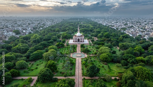 Aerial view of a beautiful garden and architectural monument.