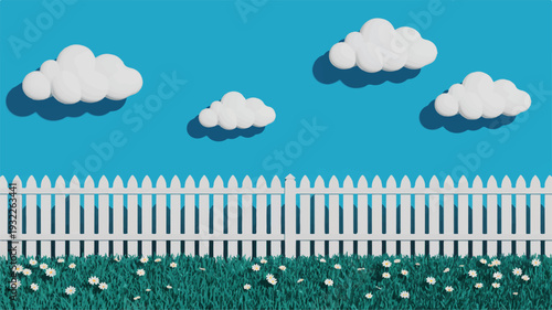 A serene illustration of a white picket fence under a blue sky with clouds, surrounded by lush greenery and white flowers.