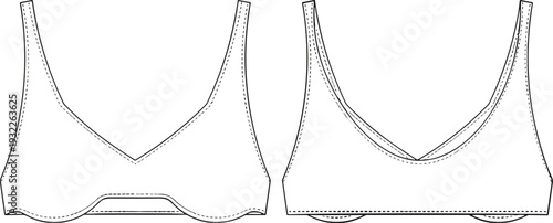 Fashion flat sketch, women’s bra design, lingerie illustration, V-neckline contour detail, scoop back view, garment CAD drawing vector