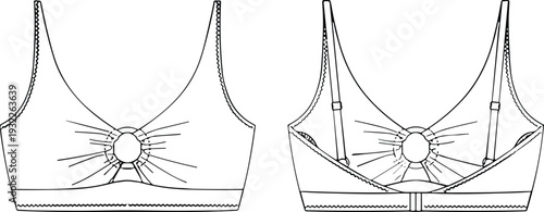Fashion flat sketch, women’s bra design, sunburst decorative element, circular center detail, adjustable straps, hook closure, garment CAD drawing vector