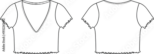 Fashion flat sketch, women’s crop top design, deep V-neckline illustration, ruffled sleeve detail, lettuce edge hem, garment CAD drawing vector