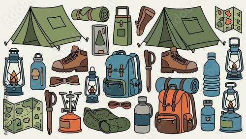 Camping gear and equipment illustration.