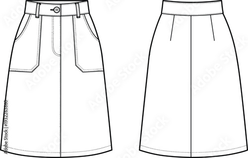 A-line skirt fashion sketch, technical garment flat drawing, clothing design illustration, apparel vector template, seam detail, CAD fashion design